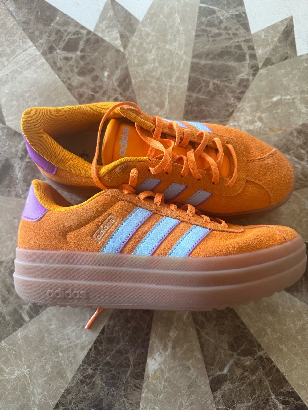adidas Orange Suede Platform Sneakers with White Stripes and Purple Heel